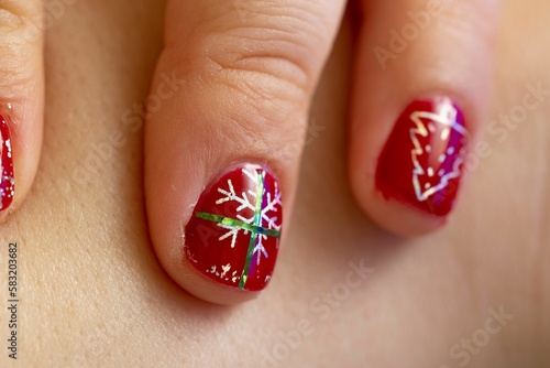 Closeup of red nail manicure design with snowflake