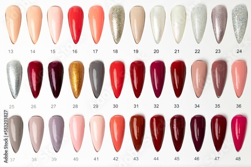 Top closeup of a set of polish colorful gels with numbers on the white background