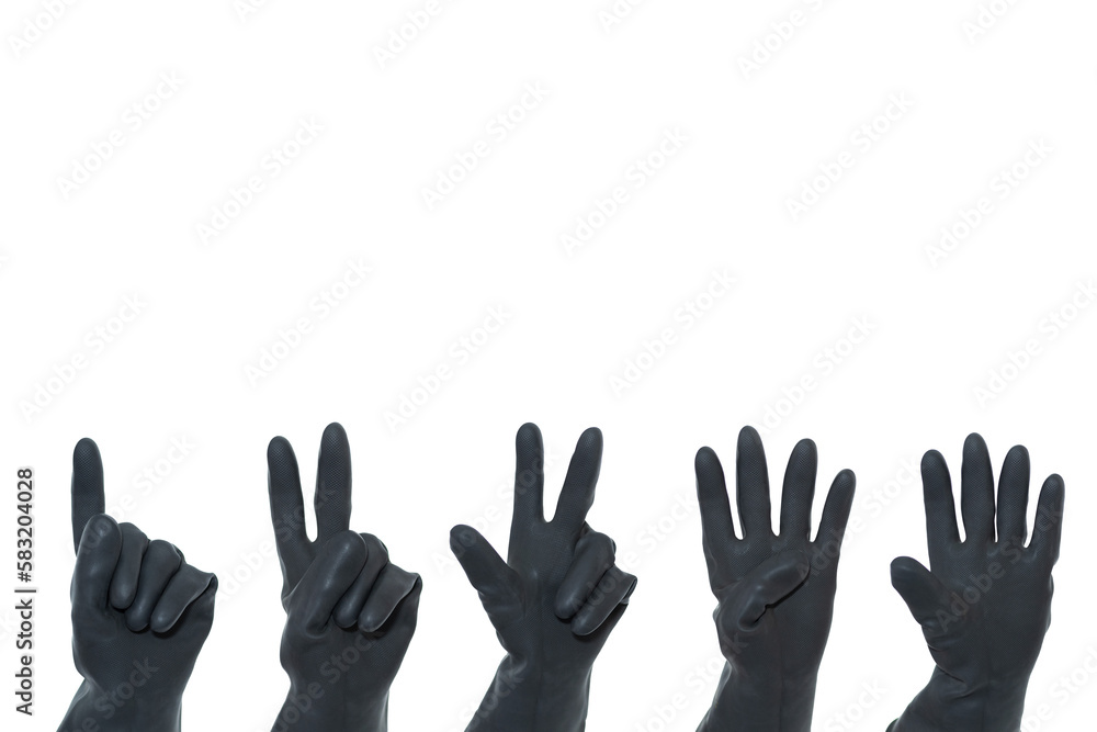 Black rubber gloves counting from one to five on a white background. Hand gestures.