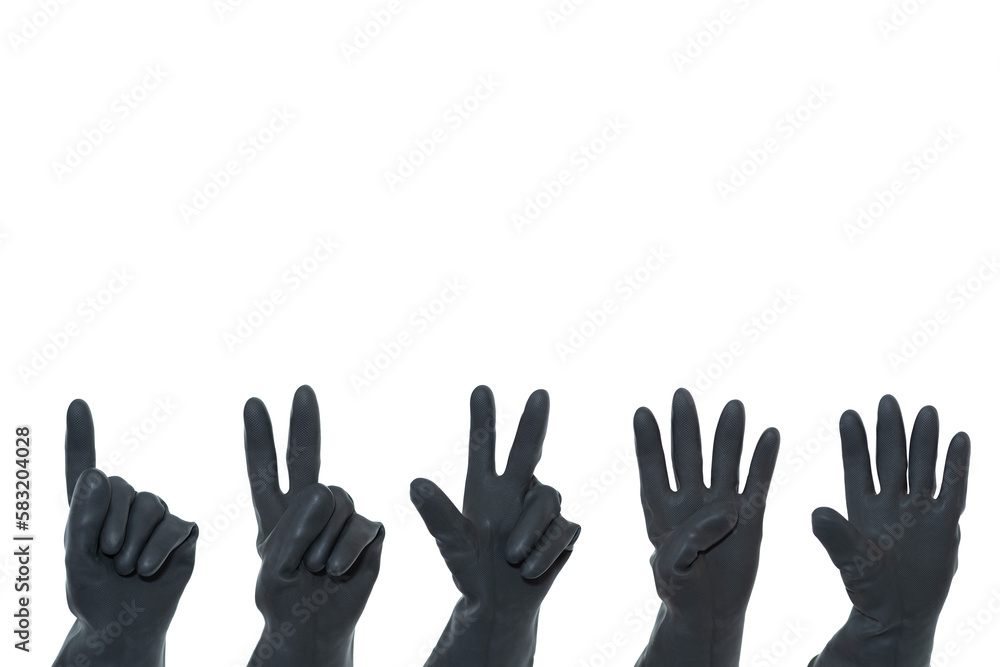 Black rubber gloves counting from one to five on a white background. Hand gestures. Black rubber gloves counting from one to five on a white background. Hand gestures.