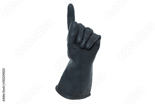An isolated black rubber glove holding up the index finger on a white background. A hand doing number one gesture