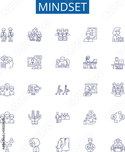 Mindset line icons signs set. Design collection of Attitude, Outlook, Perspective, Psyche, Disposition, Worldview, Thinking, Tenor outline concept vector illustrations