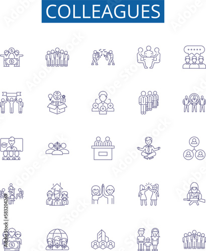 Colleagues line icons signs set. Design collection of Colleagues, Peers, Workmates, Associates, Comrades, Partners, Coworkers, Friends outline concept vector illustrations