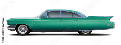 Luxurious classic american blue green sedan isolated on white background.