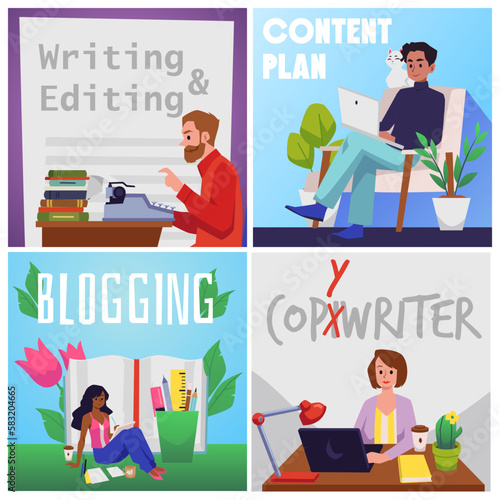 Copywriting and blogging occupation banners or flyers flat vector illustration.