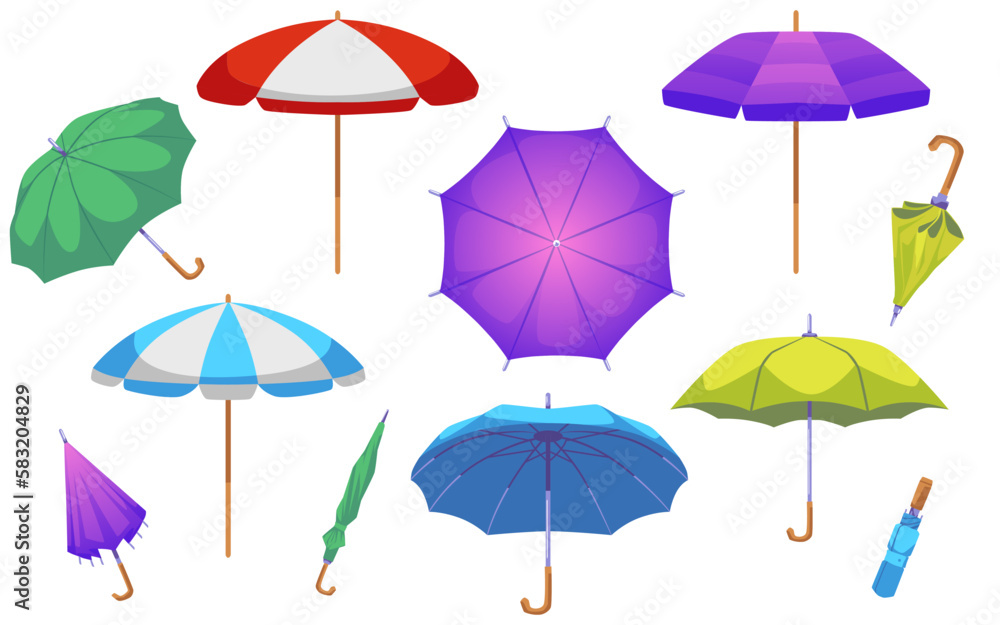 Colorful shut and open umbrellas collection flat vector illustration isolated.
