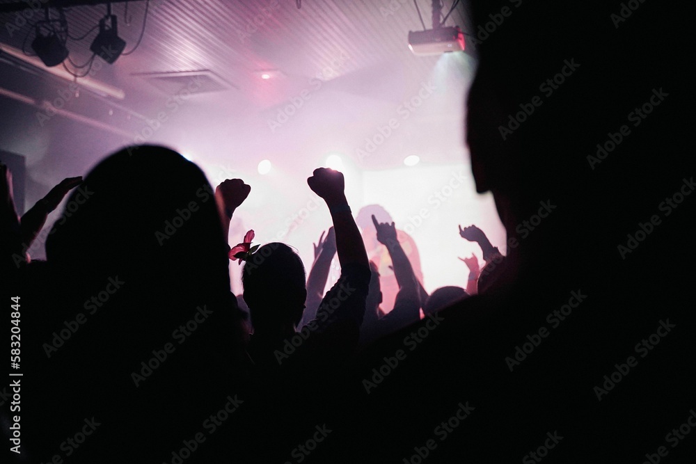 Group of people partying in front of the stage at night Group of people partying in front of the stage at night