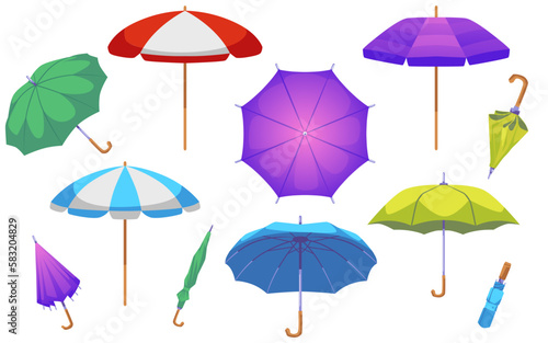 Colorful shut and open umbrellas collection flat vector illustration isolated.