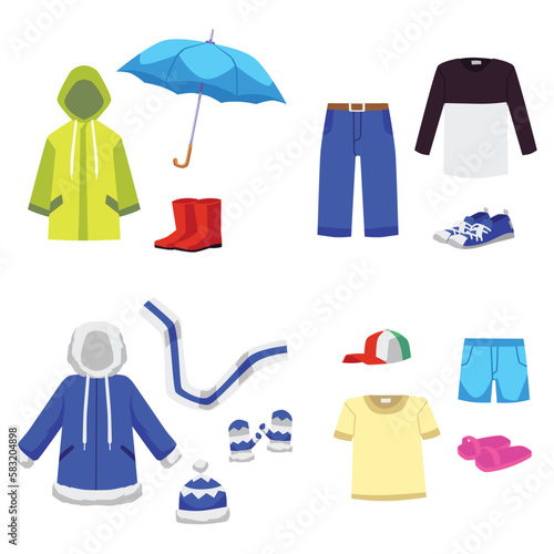 Kid clothes for different seasons - summer, autumn, spring and winter, flat vector illustration isolated on white.