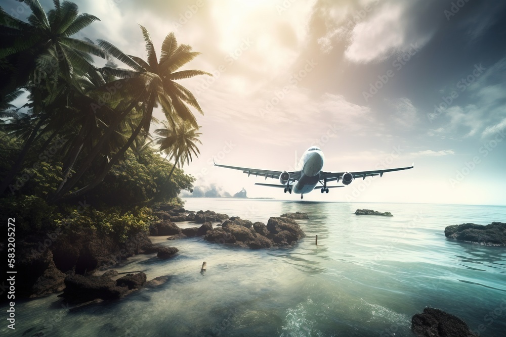 an airplane is flying over the water near a beach with palm trees and ...