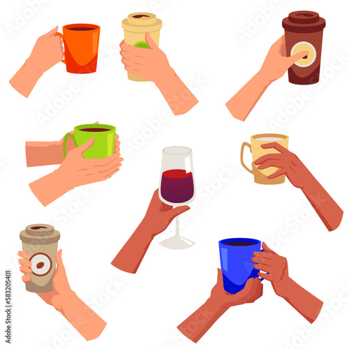 hands holding various cups, mugs and glasses - flat vector illustration isolated on white background.