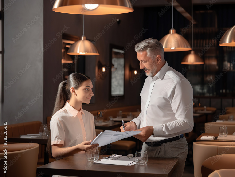 Waitress working with male client in cafe, man looking at menu at the restaurant, Generative AI Waitress working with male client in cafe, man looking at menu at the restaurant, Generative AI