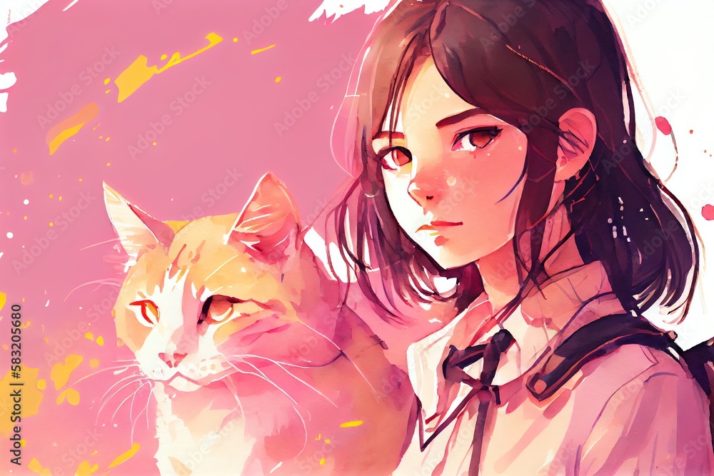 Watercolor Illustration of a Cute Brunette Anime Teen School Girl With Cat On Pink Background, Giapponese Modern Fantasy Character. Generative AI
