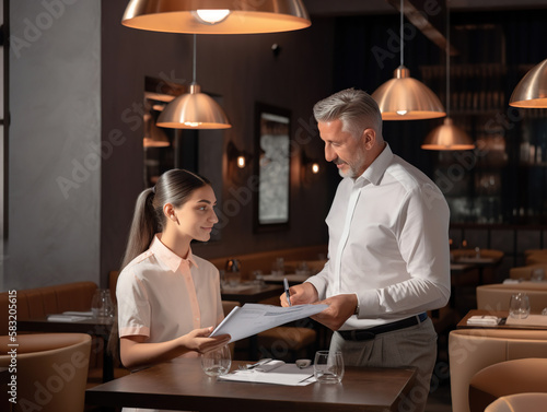 Waitress working with male client in cafe, man looking at menu at the restaurant, Generative AI