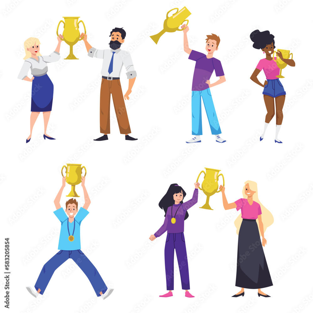 People with trophy cup set of cartoon flat vector illustration isolated.