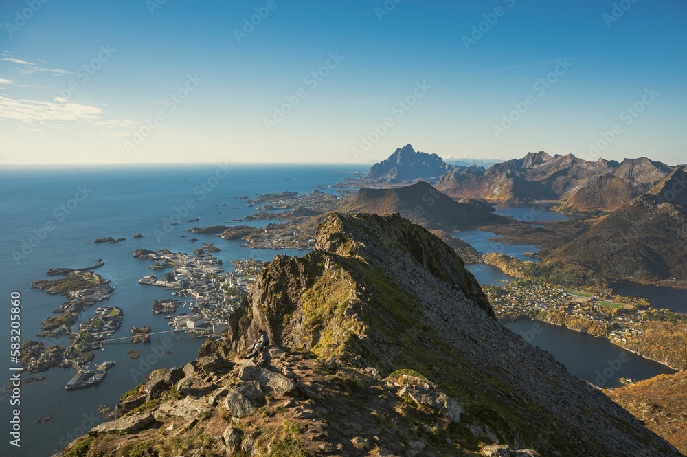 Drone view of Lofoten islands on a sunny day