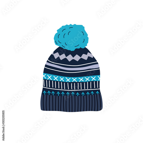 Knitted blue winter hat with bubo. Winter clothes. Flat vector illustration.