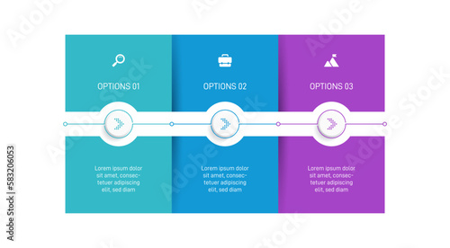 Timeline infographic with infochart. Modern presentation template with 3 spets for business process. Website template on white background for concept modern design. Horizontal layout.