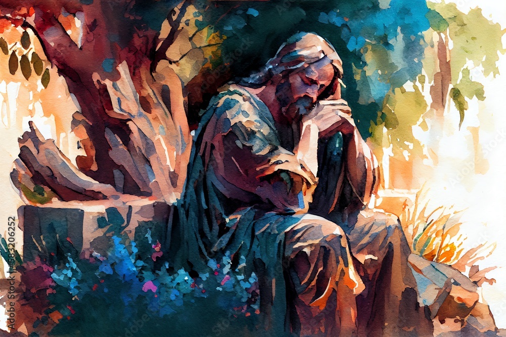 Watercolor Illustration of a Jesus Christ Praying In The Garden Of ...