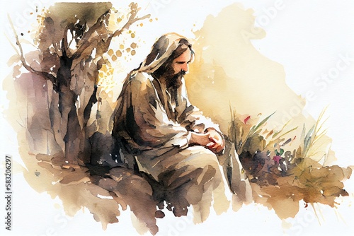 Foto Watercolor Illustration of a Jesus Christ Praying In The Garden Of Gethsemane Oil Painting