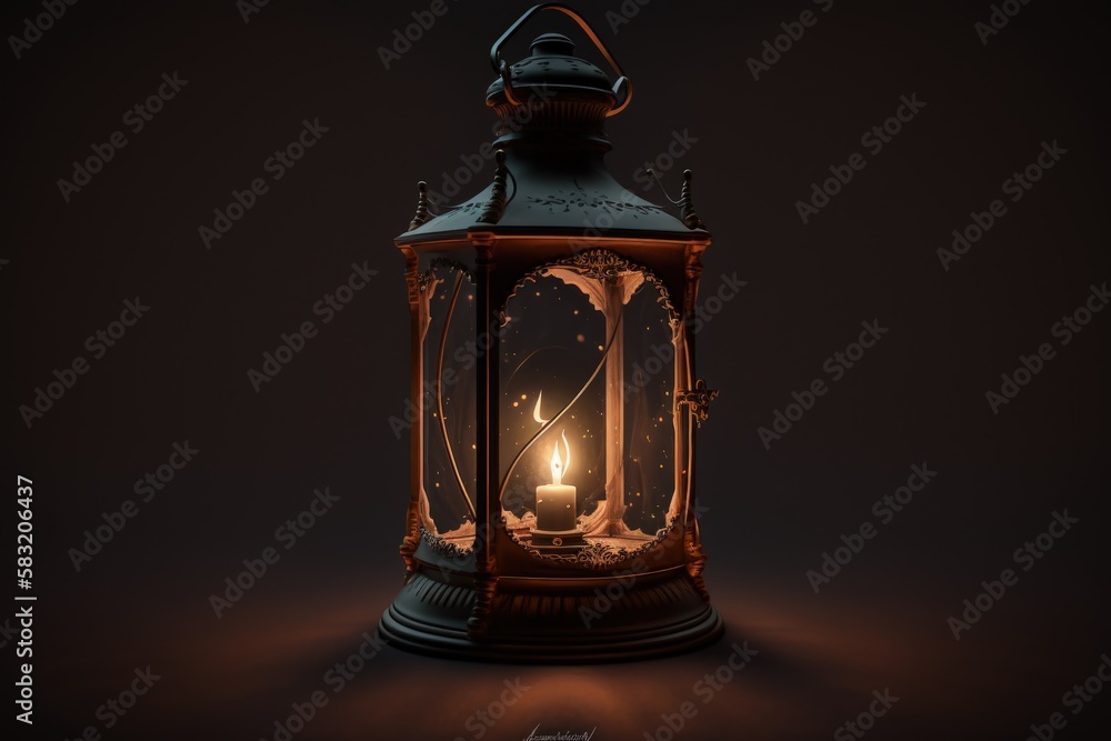 Illustration of old lantern with candle inside, black background. Generative AI Illustration of old lantern with candle inside, black background. Generative AI