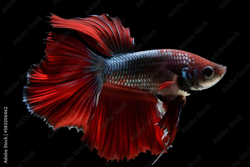 Blue and red male betta fish on black background (ai generative) Blue and red male betta fish on black background (ai generative)
