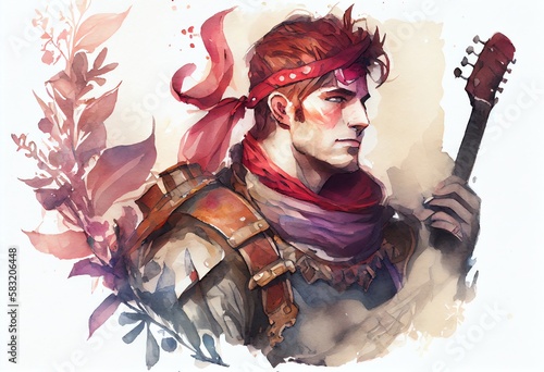 Watercolor Illustration of a Minstrel Character Portrait, Rpg, Fantasy Avatar And Token. Generative AI