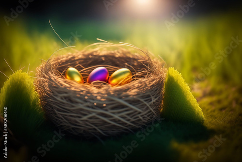 A nest with shiny Easter eggs on the grass on a sunny day, easter greeting card, happy easter, ai-generated image