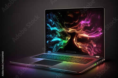 Gamer laptop illustration, colorful neon lights, black background. Generative AI