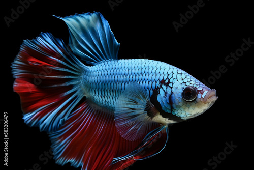 Blue and red male betta fish on black background (ai generative)