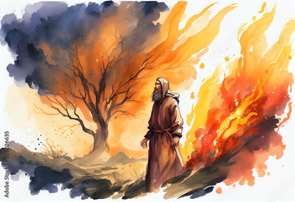 Watercolor Illustration of a Moses And The Burning Bush Painting. Generative AI