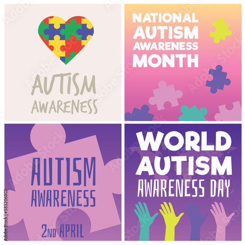 Set of squared banners about autism awareness flat style