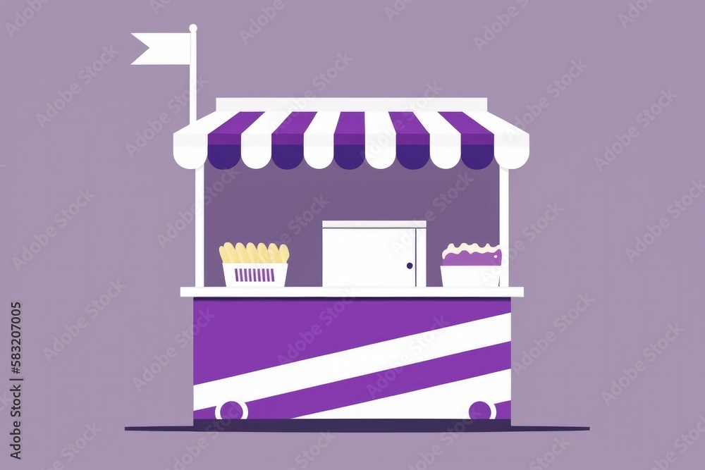 Shop illustration with purple and white awning, purple background, sales concept. Generative AI Shop illustration with purple and white awning, purple background, sales concept. Generative AI