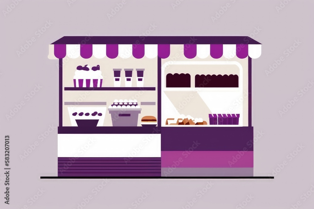Shop illustration with purple and white awning, purple background, sales concept. Generative AI Shop illustration with purple and white awning, purple background, sales concept. Generative AI