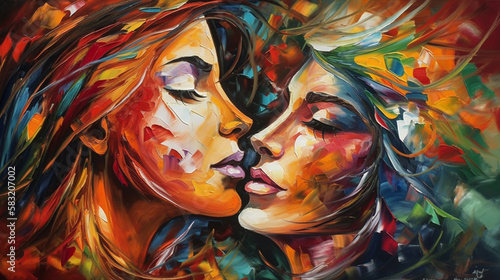 Two beautiful young girls in love. Multicolored abstract background.generative ai