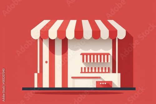 Shop illustration with red and white awning, red background, sales concept. Generative AI