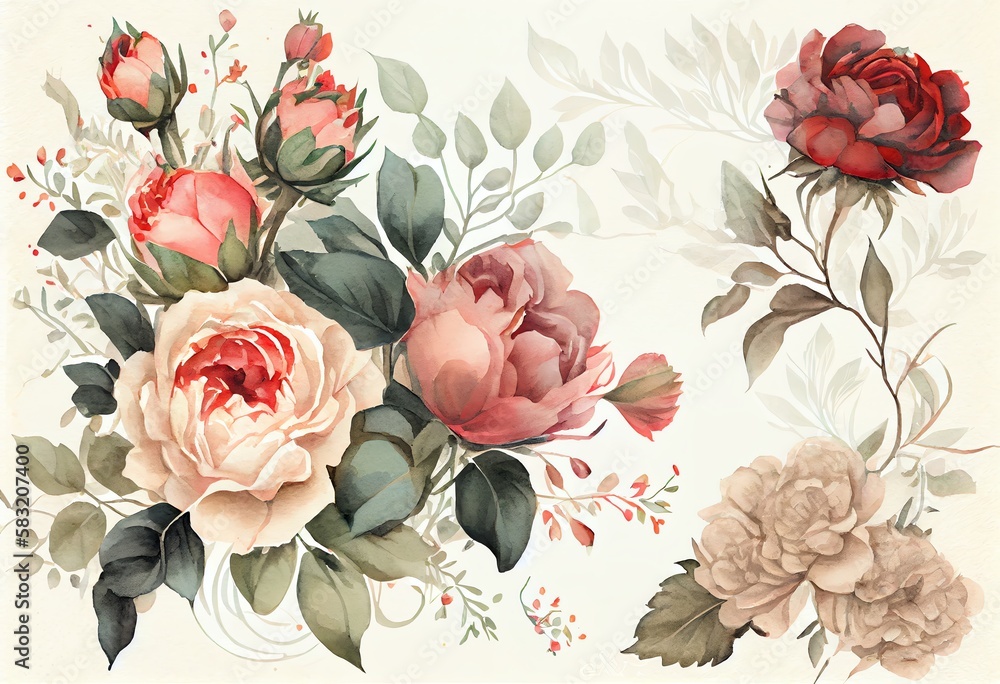 Watercolor Illustration of a Roses And Peonies In A Vintage Pattern With A Light Background. Generative AI