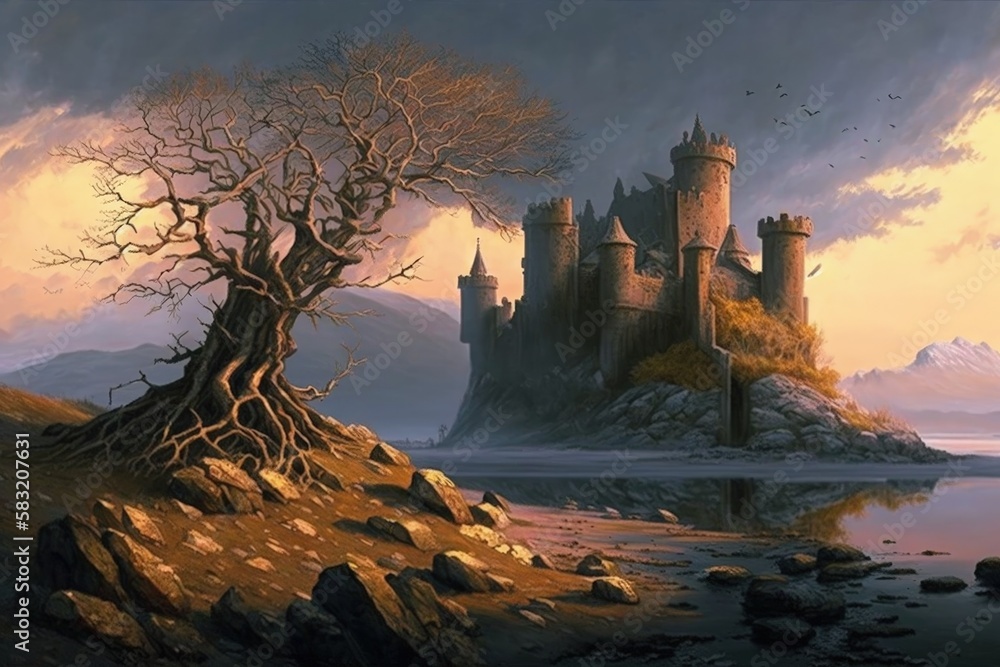 Medieval castle illustration on a hill, fantasy concept, anime style. Generative AI Medieval castle illustration on a hill, fantasy concept, anime style. Generative AI