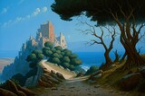 Medieval castle illustration on a hill, fantasy concept, anime style. Generative AI