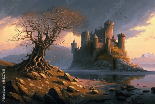 Medieval castle illustration on a hill, fantasy concept, anime style. Generative AI