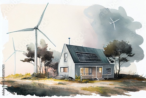 Watercolor Illustration of a Solar And Wind Turbine Energy Powered Home, Eco Friendly Living. Generative AI