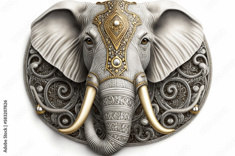 Elephant illustration with golden trappings, white background. Generative AI