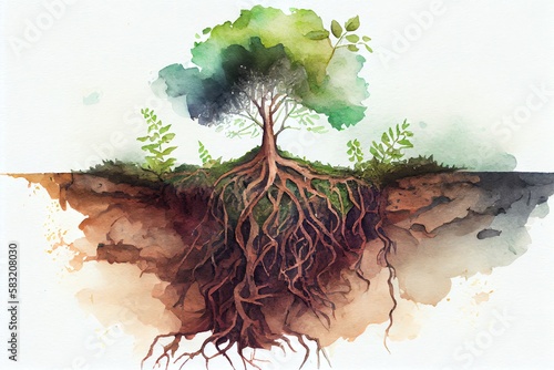 Watercolor Illustration of a Tree Roots In Soil Close Up, Underground Texture, Illustration. Generative AI photo