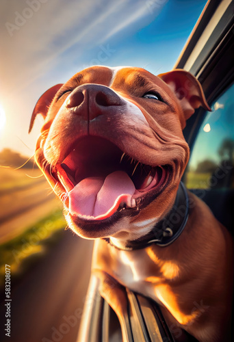 Happy Staffordshire Bull Terrier sticking head out of car window while car is driving. Generative AI © piai