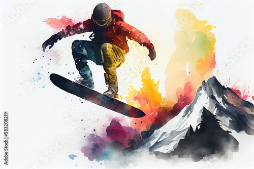 Watercolor Illustration of a Winter Extreme Athlete Sports Snowboarder Jump On Mountain. Generative AI