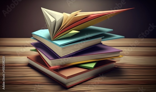  a stack of books with an origami bird on top of them on a wooden table with a dark background and a wooden floor. generative ai
