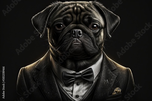 Business Pug in Elegant Suit: An Animal Portrait with a Collaborative Look Attached to a Black Background: Generative AI © AIGen