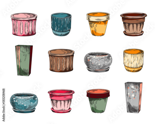 Flowerpots and vases icons or stickers set sketch vector illustration isolated.