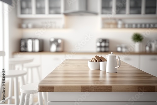 Empty Top of Wooden Table: minimal kitchen interior with blurred scandinavian background and lifestyle kitchen utensils, Generative AI