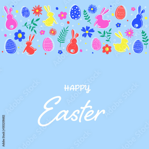 Colourful greeting card with Easter eggs  bunnies and flowers. Easter design. Vector illustration